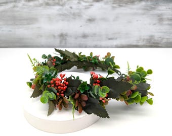 Red Berry Greenery Crown: Rustic Woodland Headband