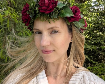 Red Velvet Rose Headband Crown: Gothic Bridal Wreath