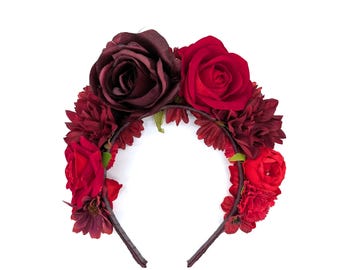 Elegante tocado estilo mexicano, halo de otoño, tiara de invierno, corona de Frida, fiesta, boho, accesorios para el cabello de mujer, corona del Día de Muertos, tiara roja de Kahlo