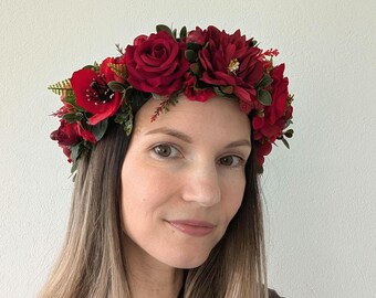 Dark Red Rose Headpiece: Gothic Bridal Hair Wreath