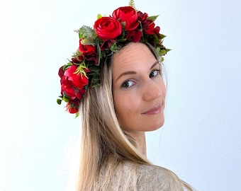 Red Flower Crown Headband: Bridal Hair Wreath with Artificial Poppies