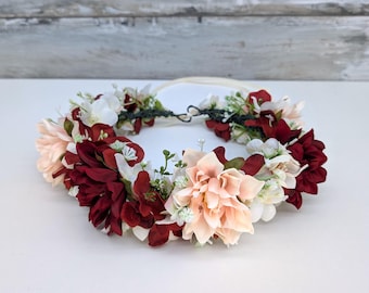 Artificial Flower Headpiece: Bridal Hair Wreath, Burgundy Peach Floral Crown