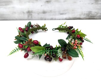Berry Hair Wreath: Woodland Bridal Headband, Rustic Green Crown