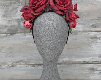 Elegante tocado estilo mexicano, halo de otoño, tiara de invierno, corona de Frida, fiesta, boho, accesorios para el cabello de mujer, corona del Día de Muertos, tiara roja de Kahlo