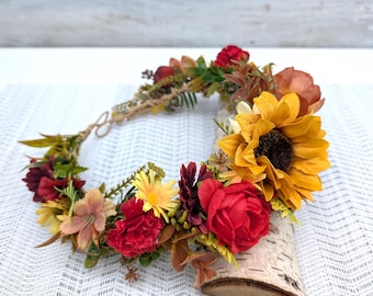 Autumn Flower Crown: Red Burgundy Sunflower Headpiece