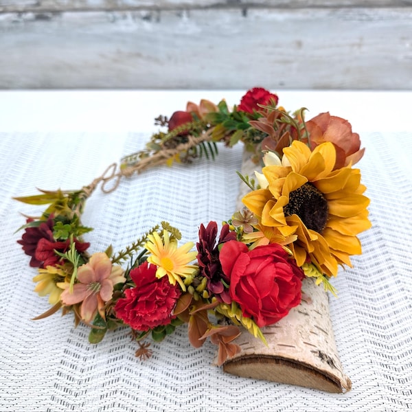 Autumn Flower Crown: Red Burgundy Sunflower Headpiece