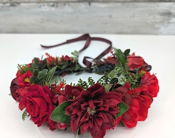 Dark Red Rose Headpiece: Gothic Bridal Hair Wreath