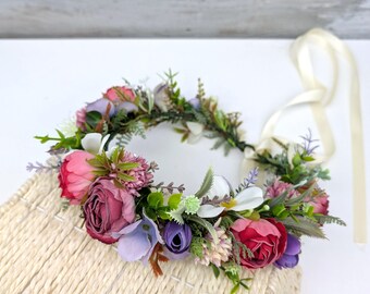Floral Headpiece: Burgundy Roses, Peonies Bridal Hair Wreath