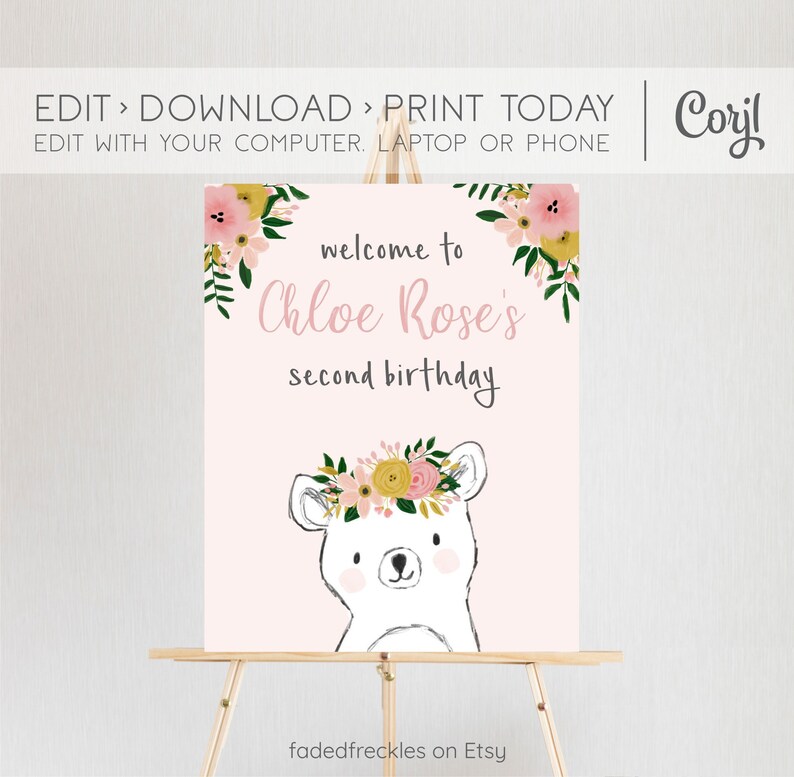 140 Girl Welcome Printable Editable Girl Bear Welcome Sign Pink Cute Woodland Welcome Editable Sign Bear Welcome
