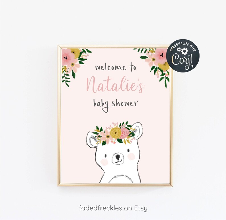 140 Girl Welcome Printable Editable Girl Bear Welcome Sign Pink Cute Woodland Welcome Editable Sign Bear Welcome