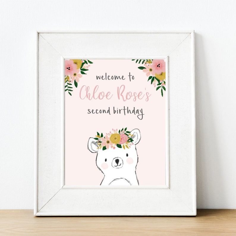 140 Girl Welcome Printable Editable Girl Bear Welcome Sign Pink Cute Woodland Welcome Editable Sign Bear Welcome