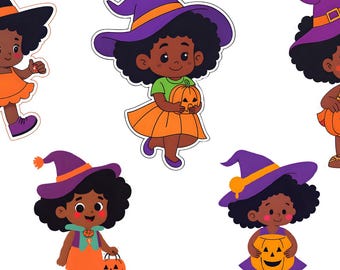 Black Girl Witch Halloween Stickers – Printable Planner Stickers – Cute Afro Puff Witch – Kawaii Digital Download PDF PNG
