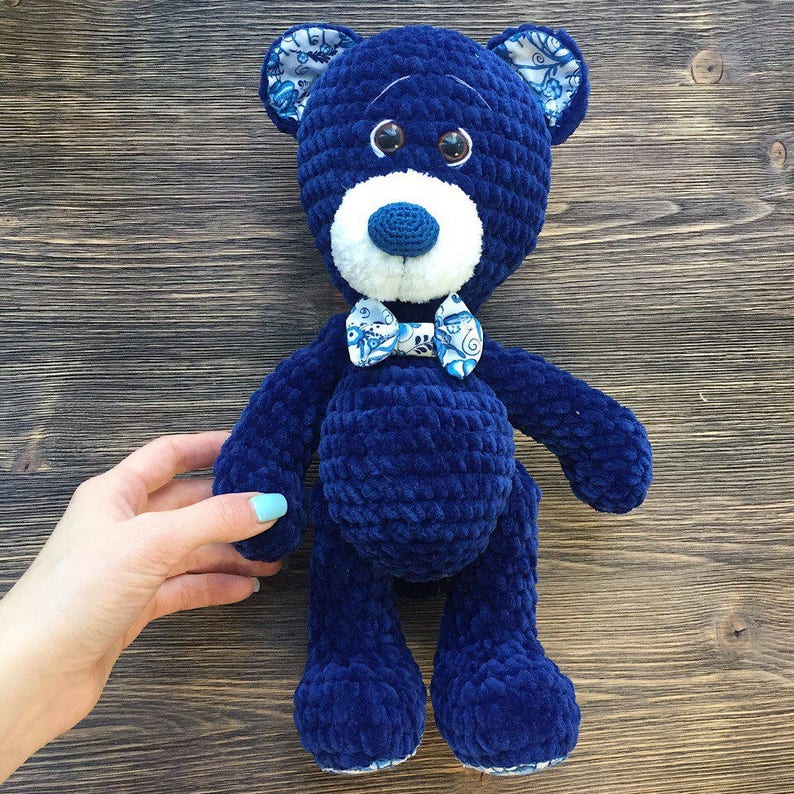Bear plush toys personalized teddy blue crochet Stuffed big animals baby boy toys Woodland knitted bear handmade Soft first baby toy Cosy