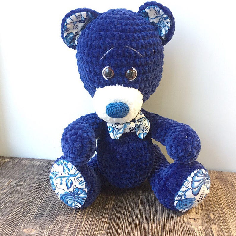 Bear plush toys personalized teddy blue crochet Stuffed big animals baby boy toys Woodland knitted bear handmade Soft first baby toy Cosy