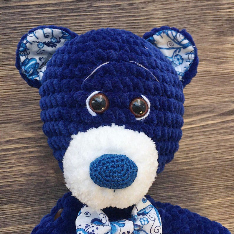 Bear plush toys personalized teddy blue crochet Stuffed big animals baby boy toys Woodland knitted bear handmade Soft first baby toy Cosy