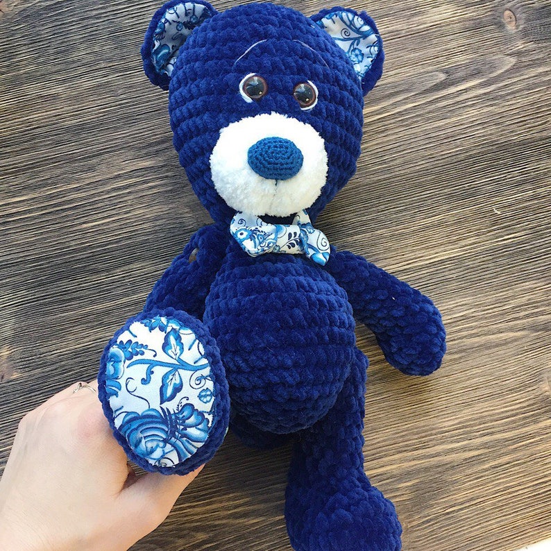 Bear plush toys personalized teddy blue crochet Stuffed big animals baby boy toys Woodland knitted bear handmade Soft first baby toy Cosy