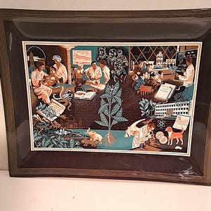 May include: Rectangular decorative tray with a dark brown frame and a colorful illustration. The illustration depicts a scientific theme with people in a lab, a plant, and a dog. The background is a mix of teal, brown, and white.