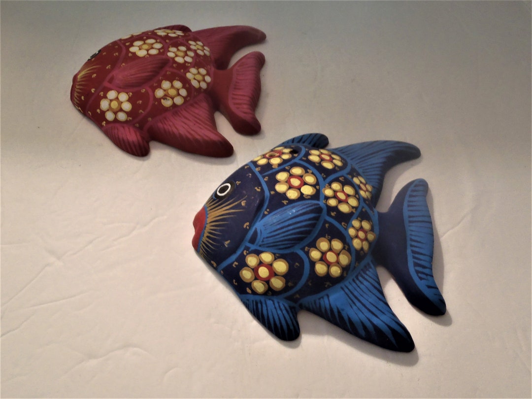 2 Terracotta Hand Painted Fish Wall Decor Etsy