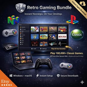 Może przedstawiać: Grafika do pobrania cyfrowego promująca pakiet gier retro. Obraz przedstawia ekran telewizora z klasycznymi tytułami gier, laptopa i kontrolery. Tekst zawiera "Retro Gaming Bundle" i "Play 100,000+ Classic Games."