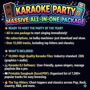 Pack ultime soirée karaoké : plus de 10 000 chansons CDG, logiciel DJ + livre imprimable en anglais