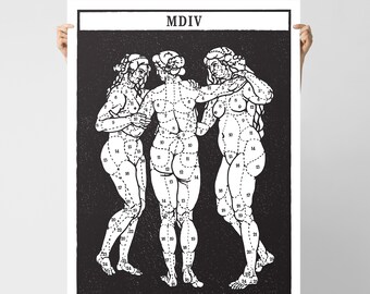 Three Graces Poster / Graphic Wall Art / Decor Print Inspired by Tarot & Rubens Painting