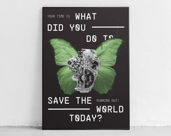 Mechanical Butterfly Graphic Poster / Steampunk Black & Green Collage Decor Print