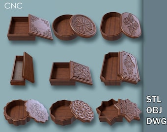 May include: A set of nine wooden boxes with intricate carved designs on the lids. The boxes are in various shapes, including square, rectangular, round, and octagonal. The boxes are made of a dark wood and have a natural finish. The lids are hinged and open to reveal the interior of the boxes. The boxes are perfect for storing small items, such as jewelry, coins, or other trinkets. CNC, STL, OBJ, and DWG are listed below the boxes.