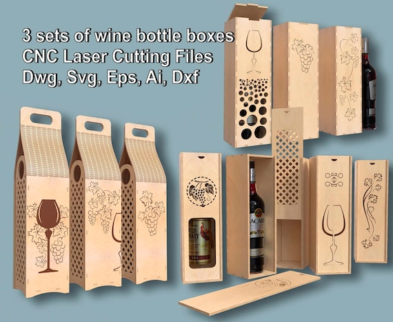 Ceremony Wine Bottle Box Bundle, CNC Laser Cut Files, Living hinge box, Wooden box for wine bottles, Wine Gift Box Dwg, Svg, Eps, Ai, Dxf