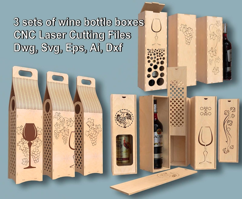 Ceremony Wine Bottle Box Bundle, CNC Laser Cut Files, Living hinge box, Wooden box for wine bottles, Wine Gift Box Dwg, Svg, Eps, Ai, Dxf image 1