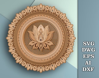 МAndala Lotus svg, Digitale Dateien Mandalas, Multilayer Panel Laserschneiden, 3D Blumen Mandala SVG Datei, CNC Schneidedateien, Multilayer Lotus