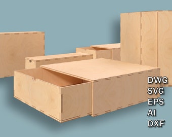 Scatola di legno, 5 scatole di dimensioni diverse, set di scatole di archiviazione, file tagliati al laser CNC, file vettoriali DXF tagliati al laser, Dwg, svg, Eps, Ai, download istantaneo