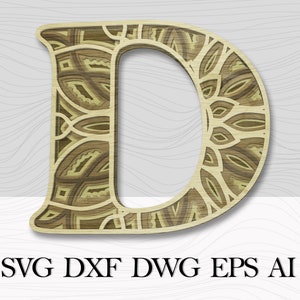 Lettre multicouche D, Art mural en couches, DXF Alphabet Lettre D, Lettre mandala découpée au laser, Alphabet SVG, Lettres 3D, Décor mural multicouche
