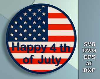 Independence Day round sign svg,  Patriotic Welcome porch sign,  July 4th door decor SVG,  Files for CNC laser cutting, Glowforge Svg