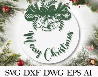 Cintre de porte Joyeux Noël, fichiers Сhristmas pour laser, signes Сhristmas rond svg, Signe Joyeux Noël SVG, Fichiers numériques pour la découpe laser