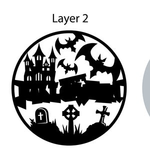 May include: A black and white Halloween-themed design featuring a spooky castle, bats, a graveyard, and a cross. The design is in a circle shape and is perfect for crafting projects.