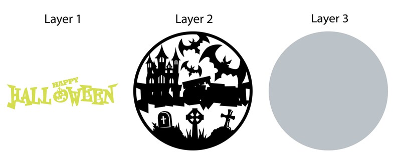 May include: A black and white Halloween-themed design featuring a spooky castle, bats, a graveyard, and a cross. The design is in a circle shape and is perfect for crafting projects.