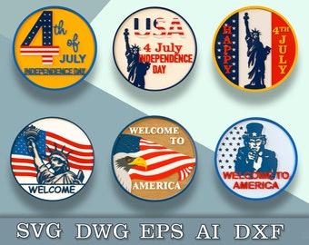 Bundle patriotic sign svg, Round door sign dxf, dwg, eps, ai, Welcome to America door hanger svg, 4th of July decor Svg, CNC Laser Cut File