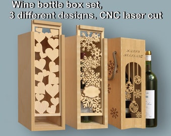 May include: Wooden wine bottle box set with three different designs. One box features heart cutouts, another has snowflake designs, and the third says "Happy Holidays" with ornament cutouts. A wine bottle is next to the boxes.