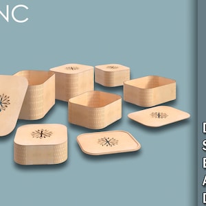 May include: A set of six wooden boxes with intricate cut-out designs. The boxes are light brown and have a square shape. The boxes are arranged in a staggered pattern on a light blue background. The text "CNC" is visible in the top left corner of the image.