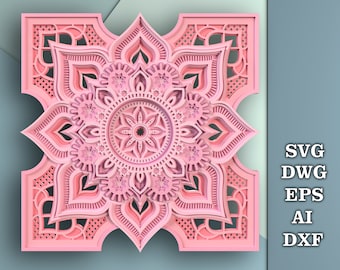 May include: A pink and white layered mandala design with intricate details. The design is symmetrical and has a circular shape. The mandala is perfect for laser cutting or etching.