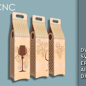 May include: Three brown cardboard wine bottle boxes with cut-out designs of grapes and wine glasses. The boxes have a handle on the top and are ready to be assembled.