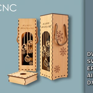 Scatola di Natale per bottiglie di vino, Scatola per bottiglie di vino da cerimonia, File di taglio laser CNC, Dwg, Svg, Eps, Ai, Dxf, Scatola di legno per bottiglie di vino