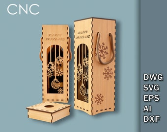 May include: A laser cut wooden wine bottle box with a handle and a cutout design of snowflakes and ornaments. The box says "Happy Holidays" on the front.