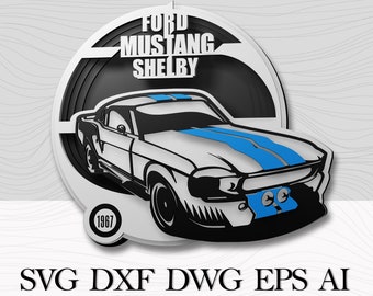 May include: A black and white illustration of a 1967 Ford Mustang Shelby with blue racing stripes. The text "FORD MUSTANG SHELBY" is above the car and "1967" is below the car. The image is in a circle with a black background and a white border. The text "SVG DXF DWG EPS AI" is below the circle.