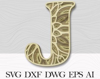 Layered Letter J,  SVG Alphabet,  3D Letters, Digital file for cnc laser cutting machine, Layered wall art, Multilayer mandala Letter