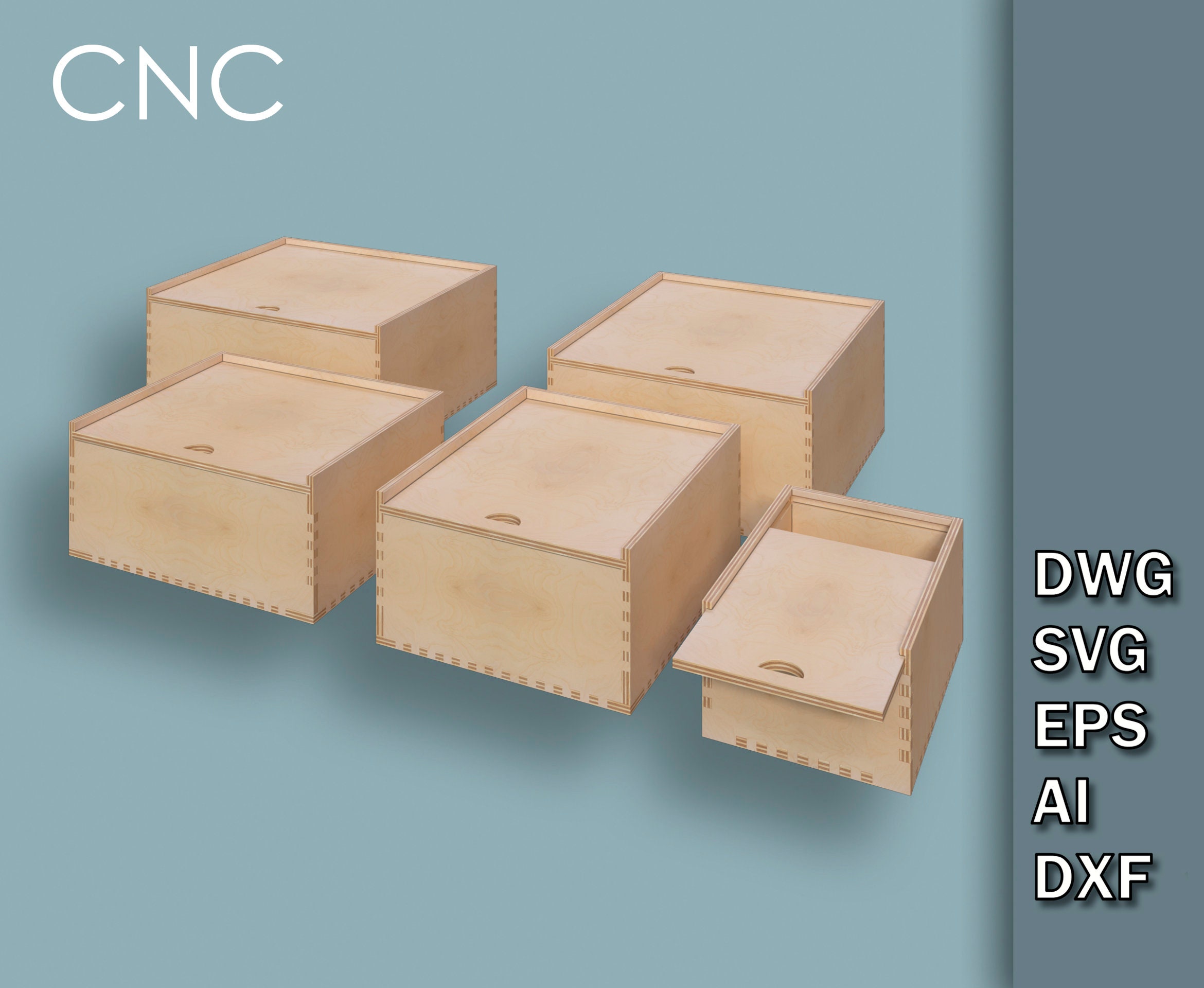 Set of Boxes With a Sliding Lid, 5 Plywood Boxes of Different