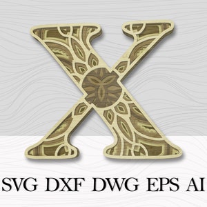 Lettre multicouche X, Art mural en couches, DXF Alphabet Lettre X, Lettre mandala découpée au laser, Alphabet SVG, Lettres 3D, Décor mural multicouche