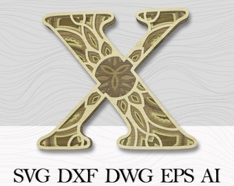 Multilayer Letter X,  Wall Art Layered,  DXF Alphabet Letter X,  Laser Cut Mandala Letter,  Alphabet SVG,  3D letters, Multilayer wall decor