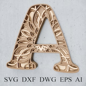 Multilayer Letter A, Digital file, Layered letter mandala, DXF Alphabet letters for wall decor, 3D Letters svg, File for laser cutting