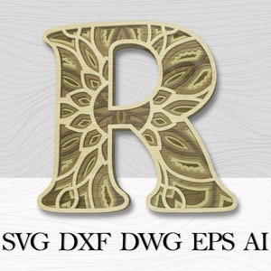 Lettre en couches R, Alphabet SVG, Lettres 3D, Lettre de mandala multicouche R, Lettres d’alphabet pour mur, Lettre de mandala, Lettre de décor mural 3D